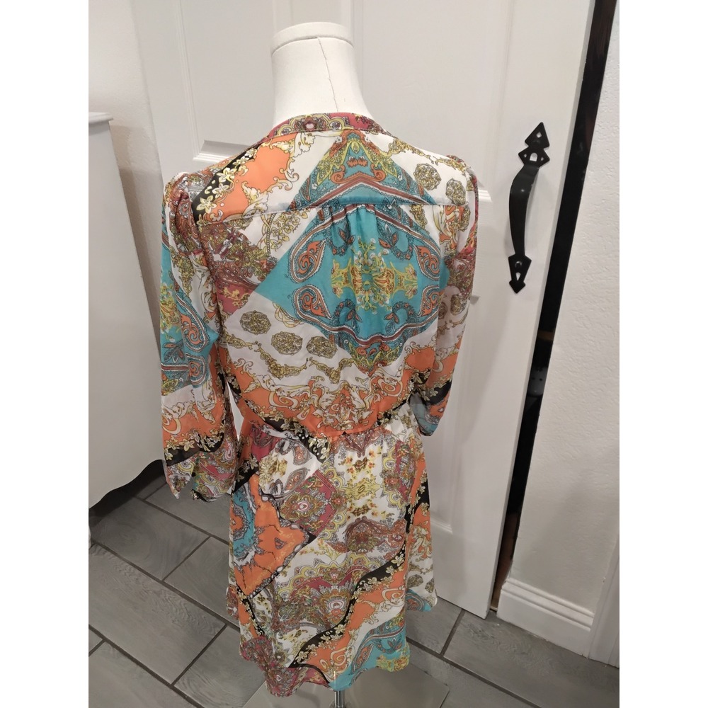 Umgee USA Women Paisley Scarf Print V-Neck Dress Orange Teal Boho 3/4 Sleeve M - Picture 4 of 8